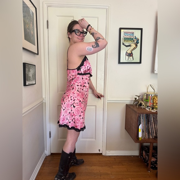 Y2K Vintage Silk Pink Rose Print Slip Dress Sz XL - Picture 2 of 10